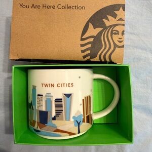 Starbucks Twin Cities Ceramic Mug — White with Blue and Brown Skyline